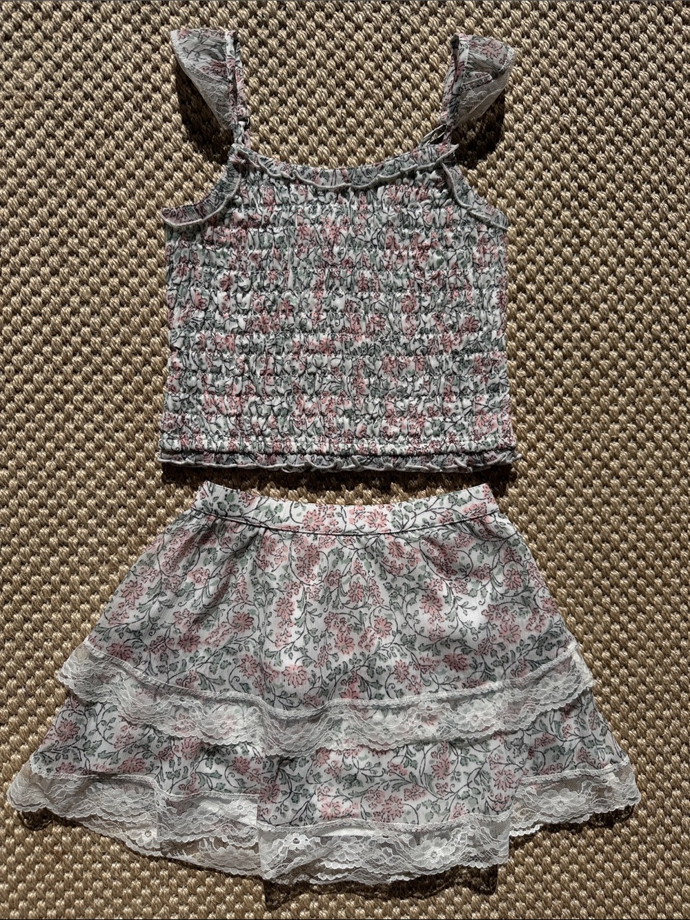 abercrombie kids Pink and Green Floral Smocked Tank & Skirt Set size 7/8